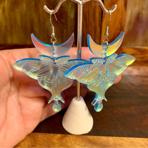 New Iridescent Luna Moth Laser Acrylic Earrings - Picture 7 of 10